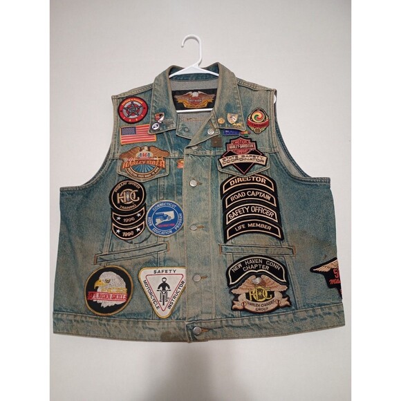 Vintage 90s Men’s Harley Davidson Denim Vest Large Patches 33 Patches + Pins - Picture 1 of 16